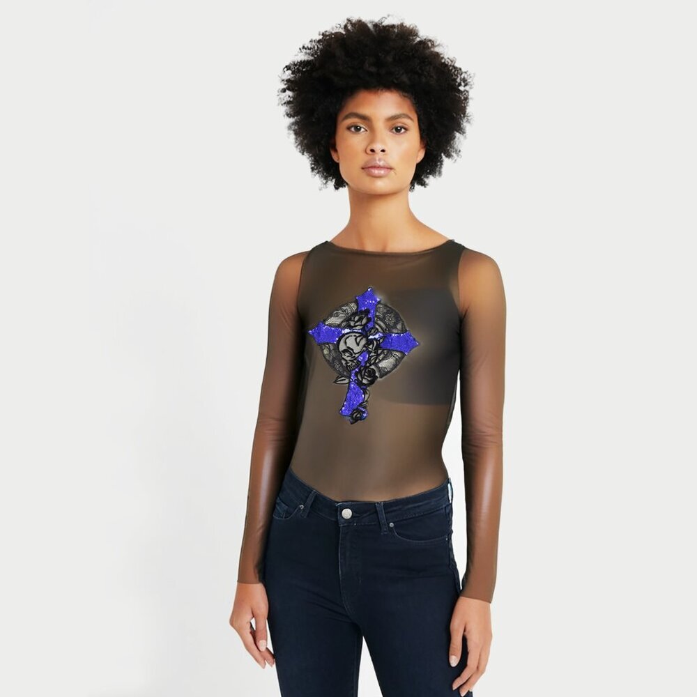 Patrizia Pepe Blouse Black Lace Purple Beaded Victorian Cross Sexy Top Size S
